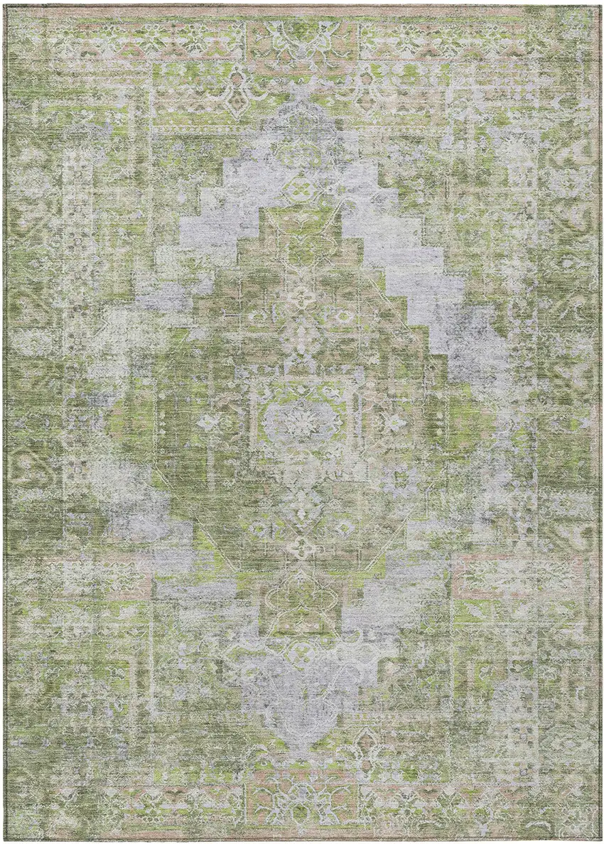 Artichoke Green And Silver Medallion Washable Indoor Outdoor Area Rug Photo 1