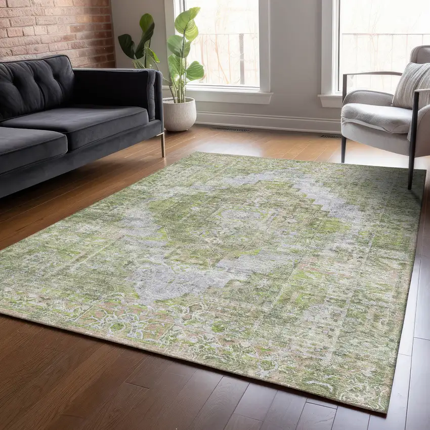 Artichoke Green And Silver Medallion Washable Indoor Outdoor Area Rug Photo 6