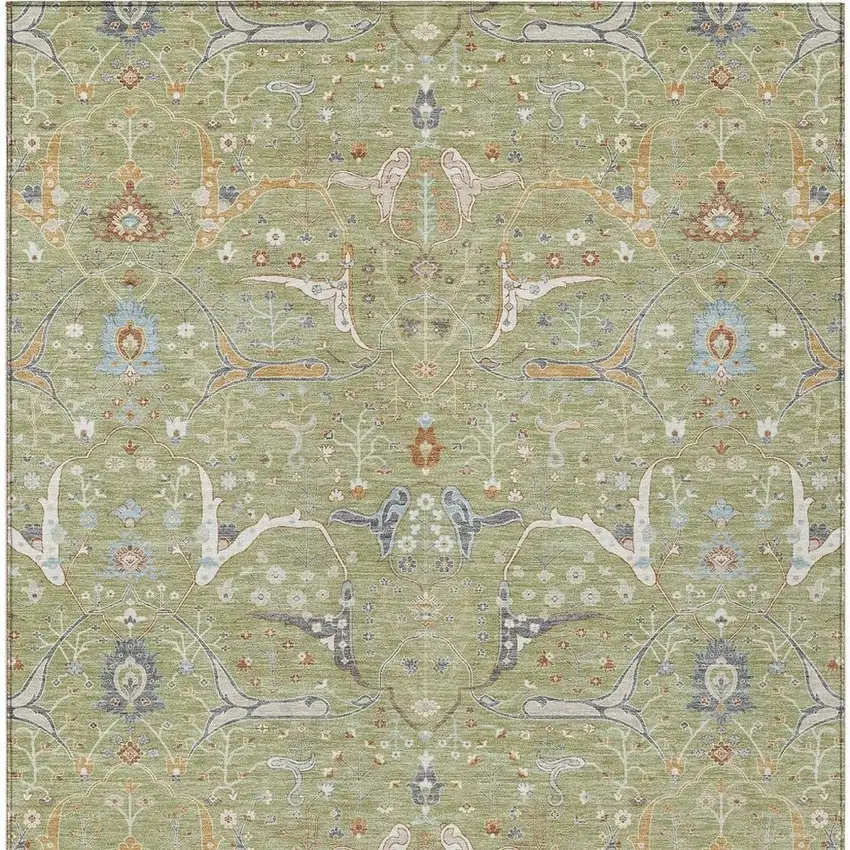 Artichoke Green And Sky Blue Floral Washable Indoor Outdoor Area Rug Photo 4