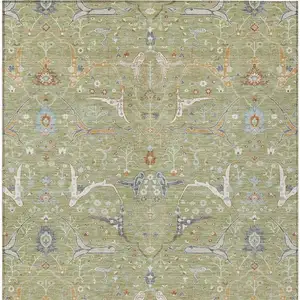 Photo of Artichoke Green And Sky Blue Floral Washable Indoor Outdoor Area Rug