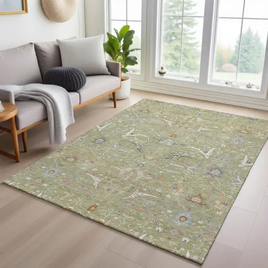 Artichoke Green And Sky Blue Floral Washable Indoor Outdoor Area Rug Photo 9