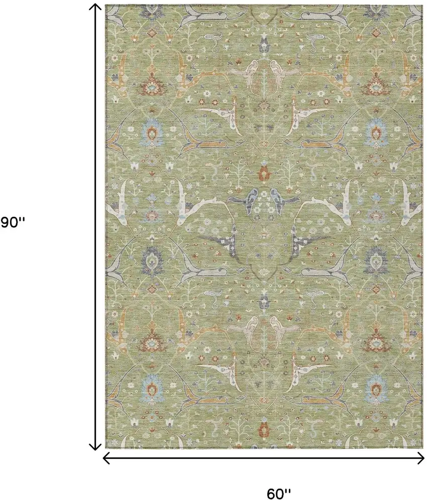 Artichoke Green And Sky Blue Floral Washable Indoor Outdoor Area Rug Photo 3