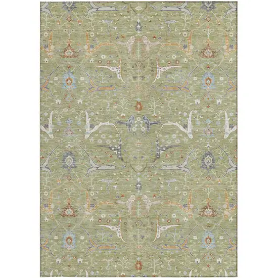 Artichoke Green And Sky Blue Floral Washable Indoor Outdoor Area Rug Photo 5