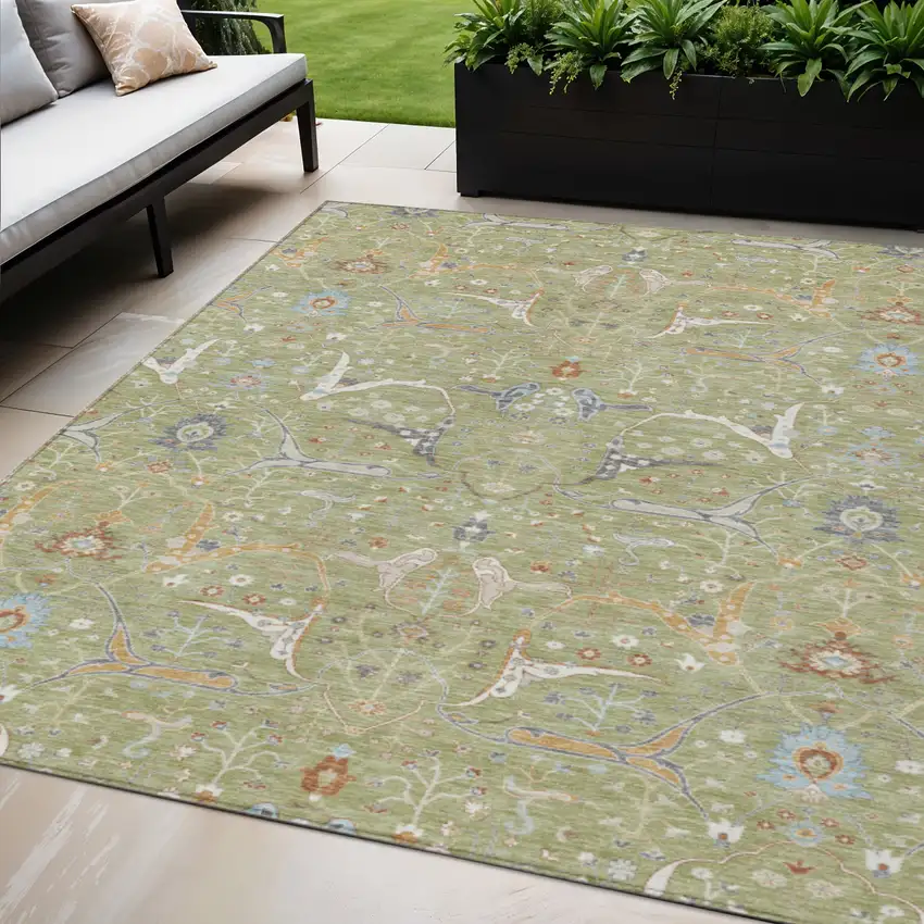 Artichoke Green And Sky Blue Floral Washable Indoor Outdoor Area Rug Photo 1