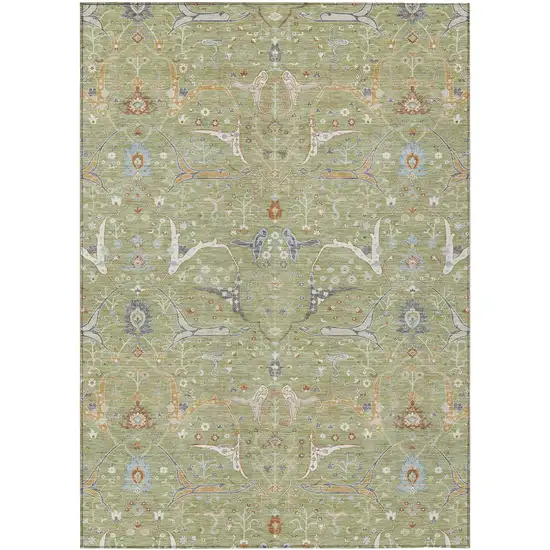 Artichoke Green And Sky Blue Floral Washable Indoor Outdoor Area Rug Photo 2