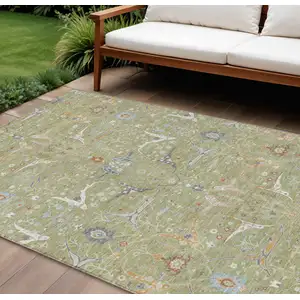 Photo of Artichoke Green And Sky Blue Floral Washable Indoor Outdoor Area Rug