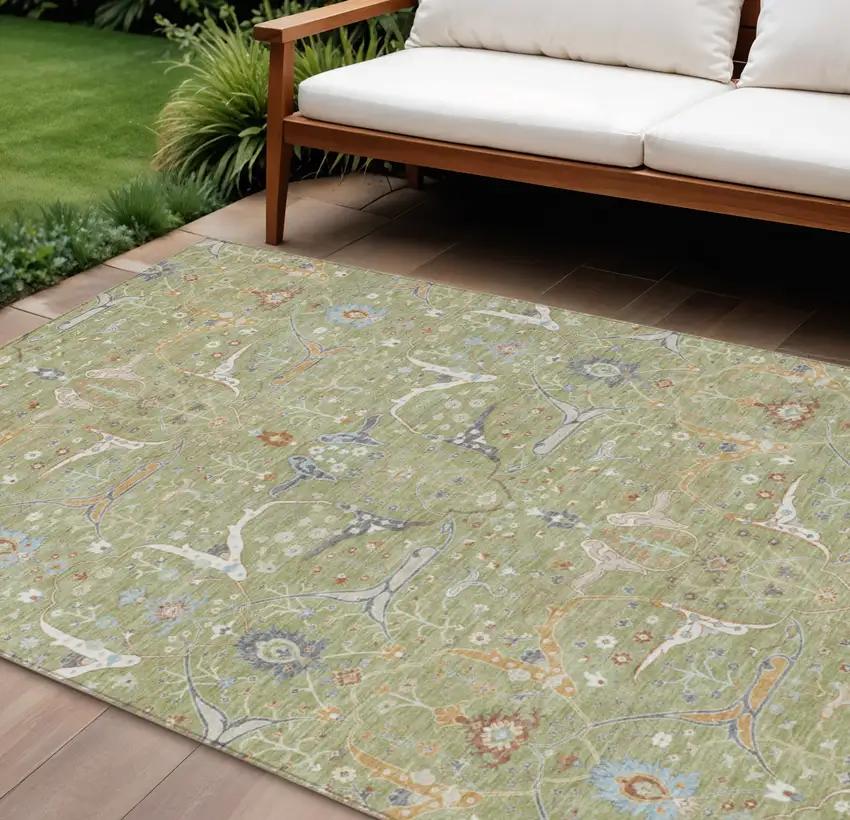 Artichoke Green And Sky Blue Floral Washable Indoor Outdoor Area Rug Photo 1