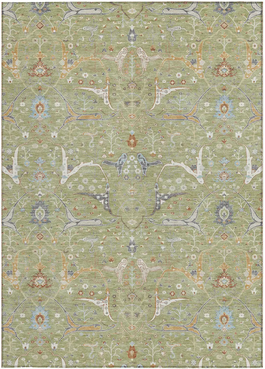 Artichoke Green And Sky Blue Floral Washable Indoor Outdoor Area Rug Photo 5