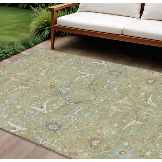 Artichoke Green And Sky Blue Floral Washable Indoor Outdoor Area Rug Photo 1