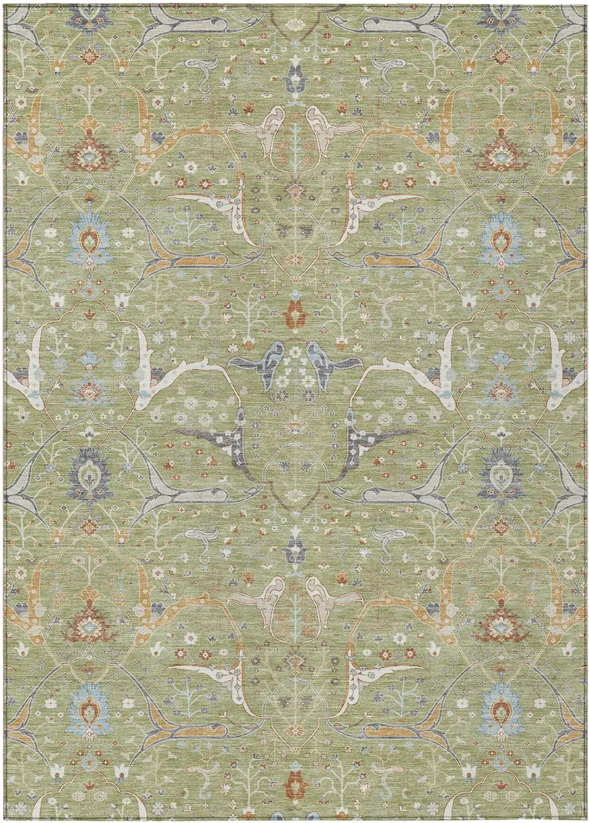 Artichoke Green And Sky Blue Floral Washable Indoor Outdoor Area Rug Photo 2