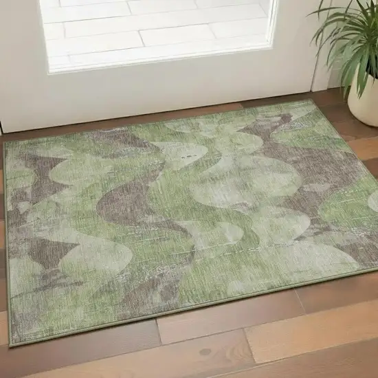 Artichoke Green And Taupe Abstract Washable Area Rug With UV Protection Photo 2