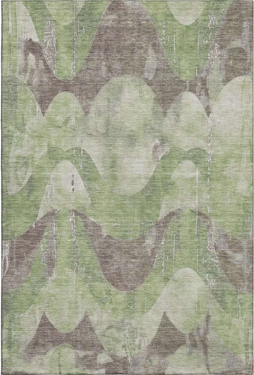 Artichoke Green And Taupe Abstract Washable Area Rug With UV Protection Photo 1