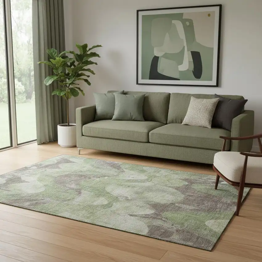Artichoke Green And Taupe Abstract Washable Area Rug With UV Protection Photo 2