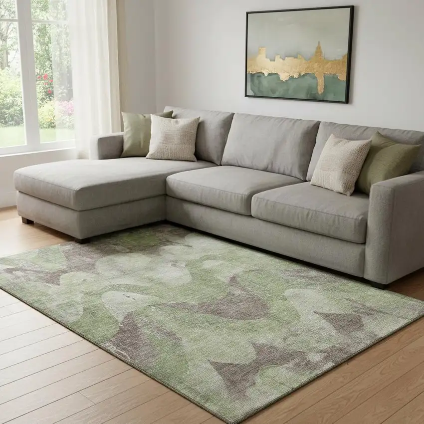 Artichoke Green And Taupe Abstract Washable Area Rug With UV Protection Photo 2