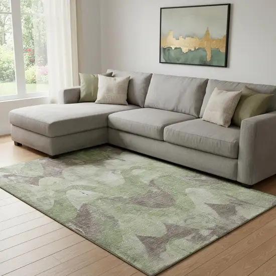 Artichoke Green And Taupe Abstract Washable Area Rug With UV Protection Photo 2