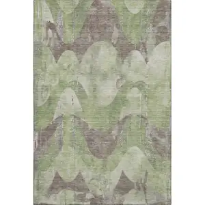 Photo of Artichoke Green And Taupe Abstract Washable Area Rug With UV Protection