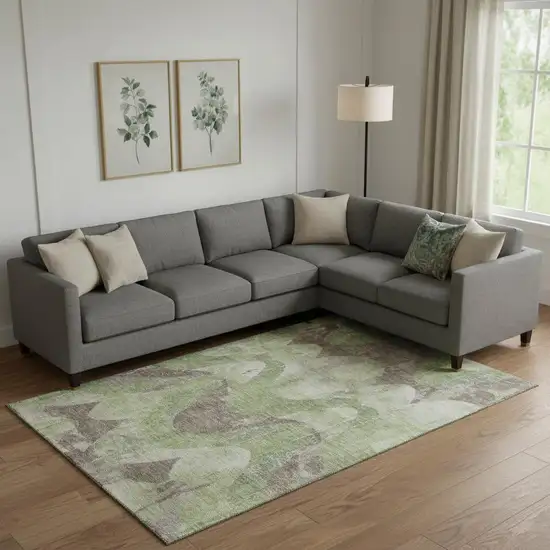 Artichoke Green And Taupe Abstract Washable Area Rug With UV Protection Photo 2