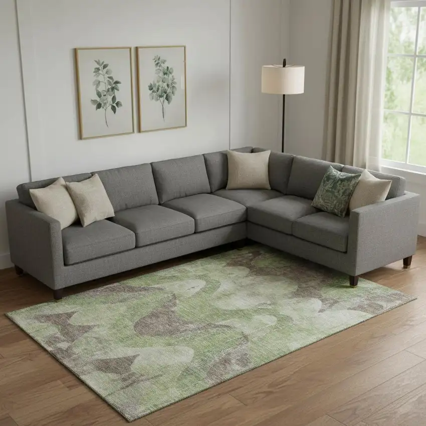 Artichoke Green And Taupe Abstract Washable Area Rug With UV Protection Photo 2