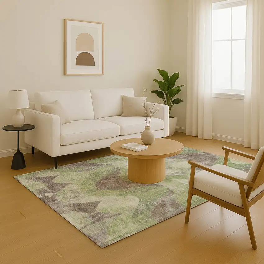 Artichoke Green And Taupe Abstract Washable Area Rug With UV Protection Photo 5