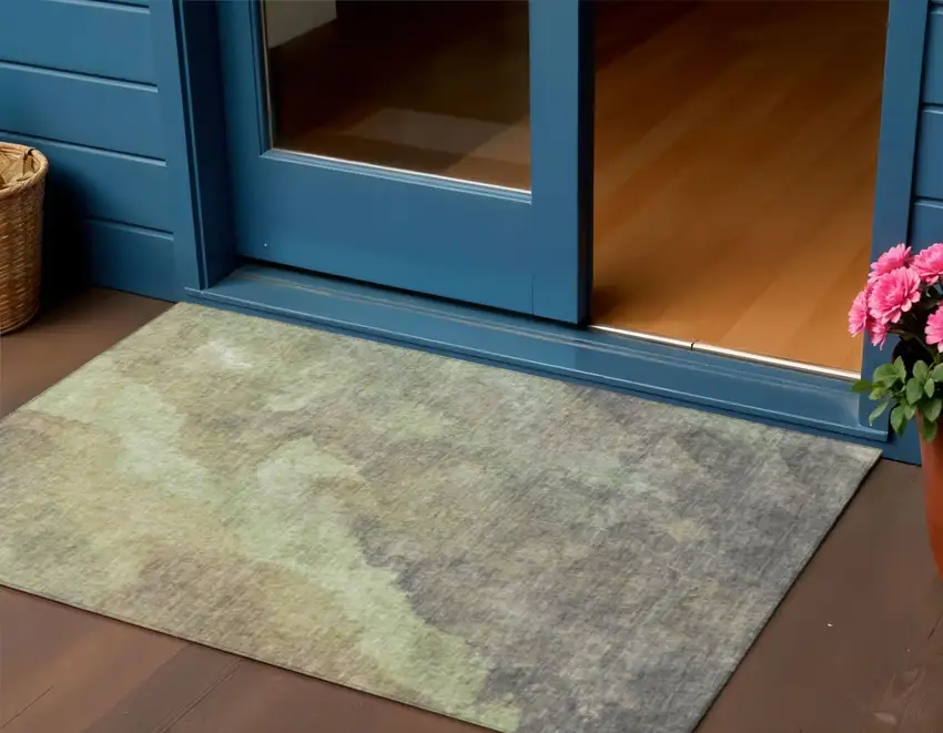 Artichoke Green And Taupe Abstract Washable Indoor Outdoor Area Rug Photo 2