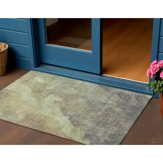 Artichoke Green And Taupe Abstract Washable Indoor Outdoor Area Rug Photo 2