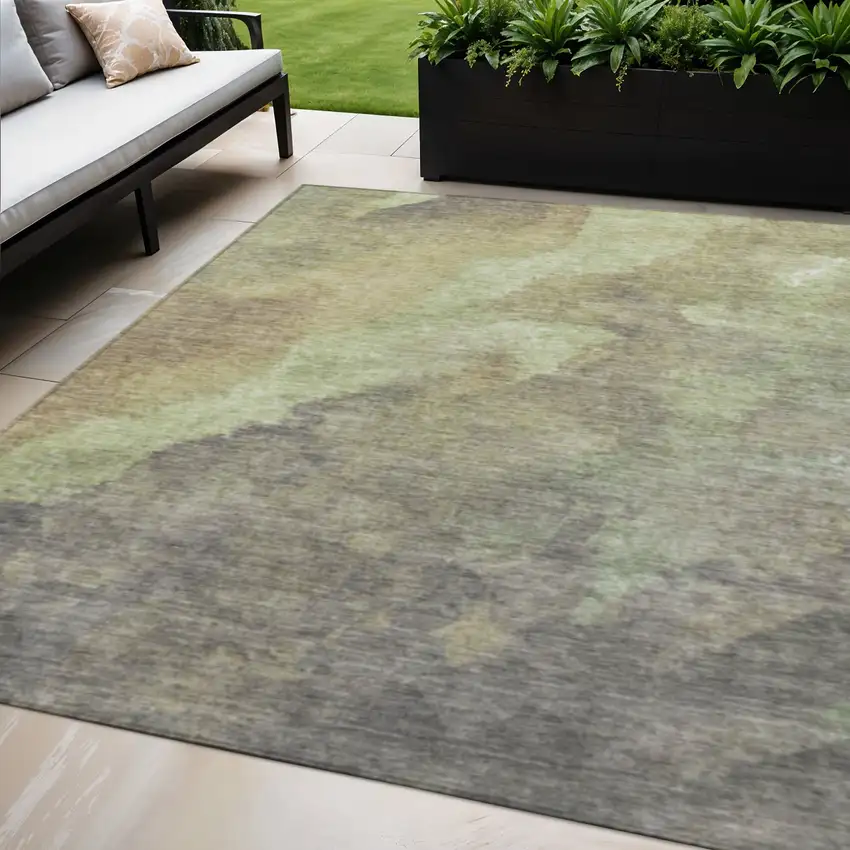 Artichoke Green And Taupe Abstract Washable Indoor Outdoor Area Rug Photo 2