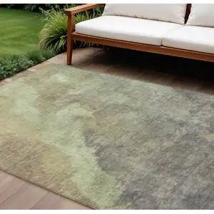 Photo of Artichoke Green And Taupe Abstract Washable Indoor Outdoor Area Rug