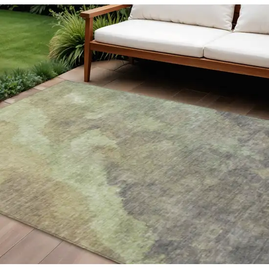 Artichoke Green And Taupe Abstract Washable Indoor Outdoor Area Rug Photo 1