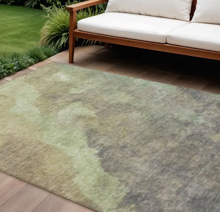 Artichoke Green And Taupe Abstract Washable Indoor Outdoor Area Rug Photo 1