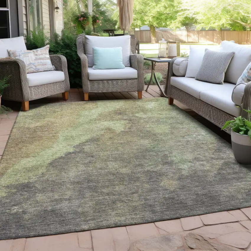 Artichoke Green And Taupe Abstract Washable Indoor Outdoor Area Rug Photo 5