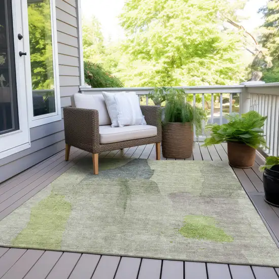 Artichoke Green And Taupe Abstract Washable Indoor Outdoor Area Rug Photo 9