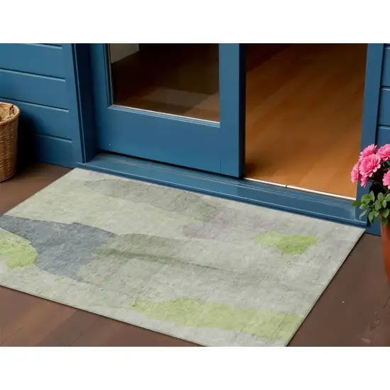 Artichoke Green And Taupe Abstract Washable Indoor Outdoor Area Rug Photo 2