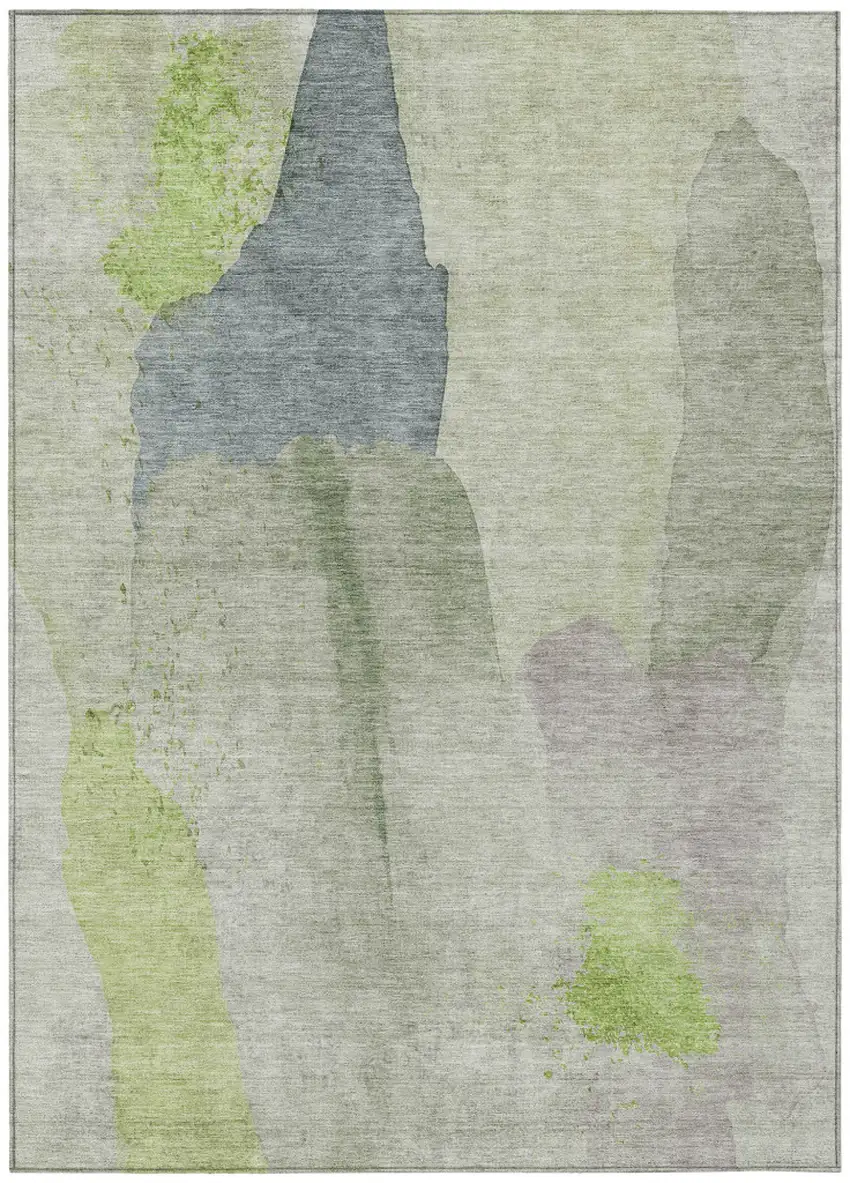 Artichoke Green And Taupe Abstract Washable Indoor Outdoor Area Rug Photo 1
