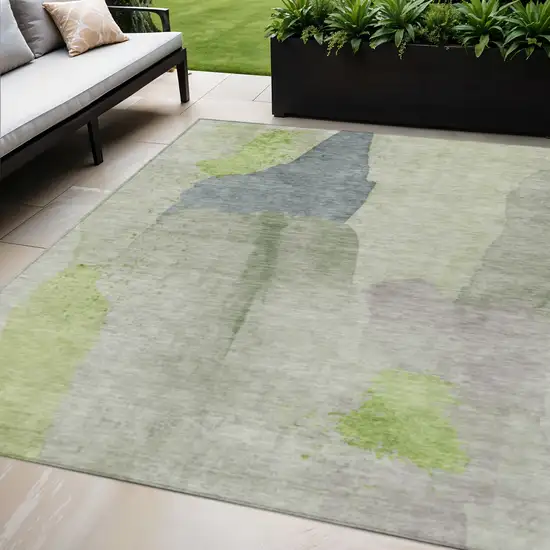Artichoke Green And Taupe Abstract Washable Indoor Outdoor Area Rug Photo 2