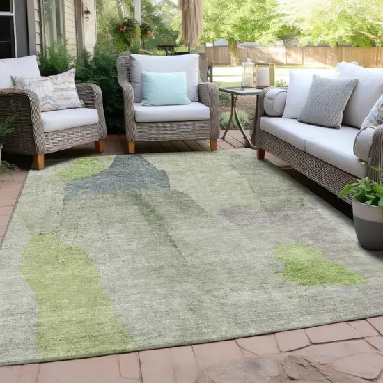Artichoke Green And Taupe Abstract Washable Indoor Outdoor Area Rug Photo 6