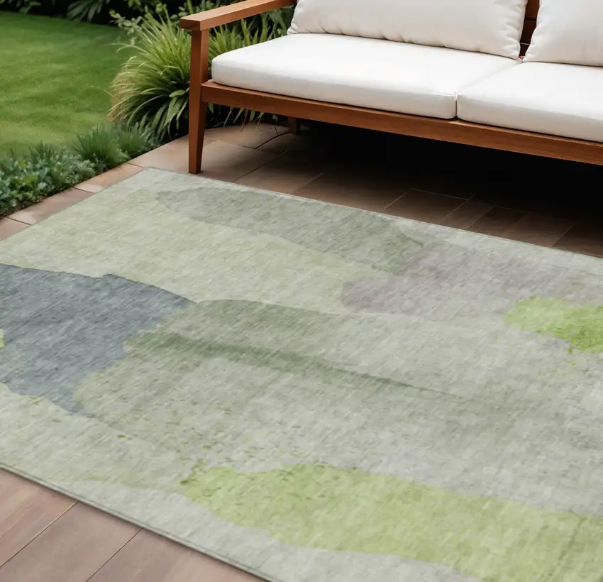 Artichoke Green And Taupe Abstract Washable Indoor Outdoor Area Rug Photo 2