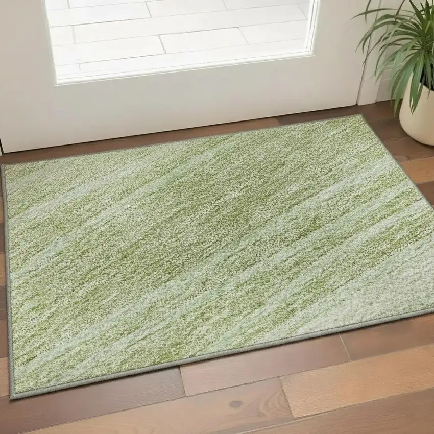 Artichoke Green And Taupe Striped Washable Area Rug With UV Protection Photo 2