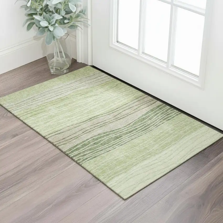 Artichoke Green And Taupe Striped Washable Area Rug With UV Protection Photo 1
