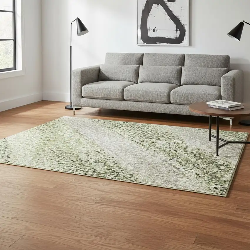 Artichoke Green And Taupe Striped Washable Area Rug With UV Protection Photo 2