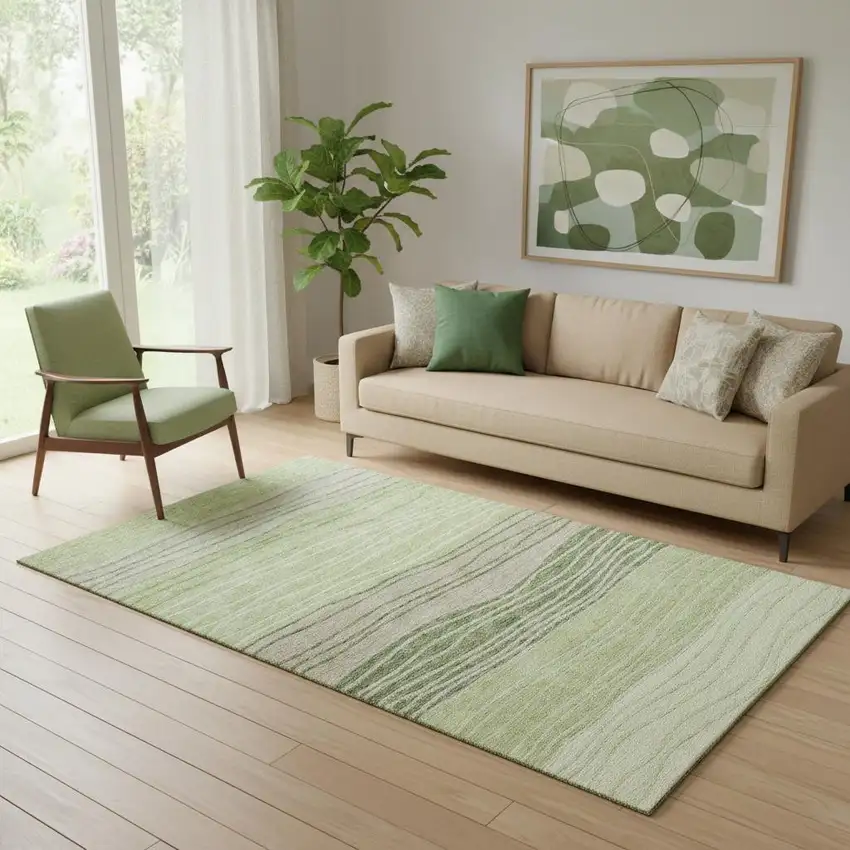 Artichoke Green And Taupe Striped Washable Area Rug With UV Protection Photo 1