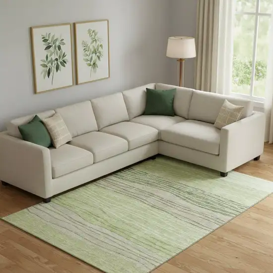 Artichoke Green And Taupe Striped Washable Area Rug With UV Protection Photo 1