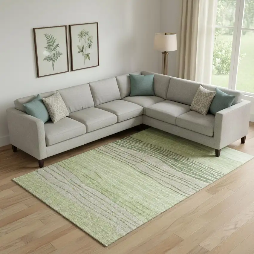 Artichoke Green And Taupe Striped Washable Area Rug With UV Protection Photo 1