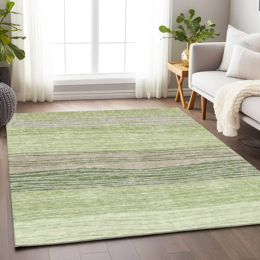 Artichoke Green And Taupe Striped Washable Area Rug With UV Protection Photo 4