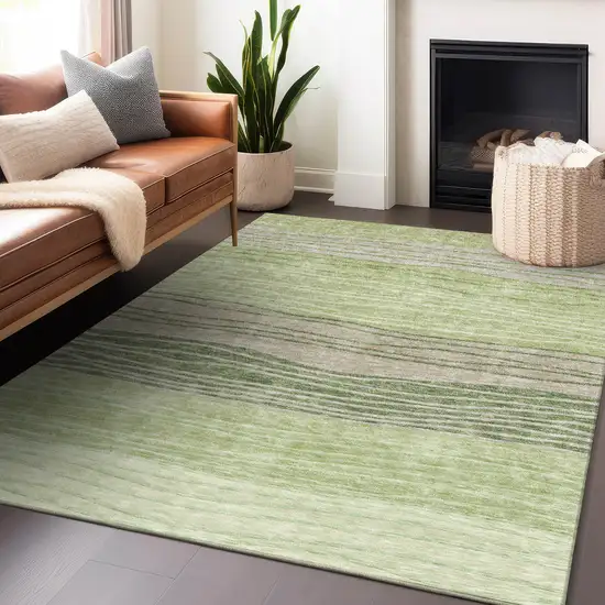 Artichoke Green And Taupe Striped Washable Area Rug With UV Protection Photo 5