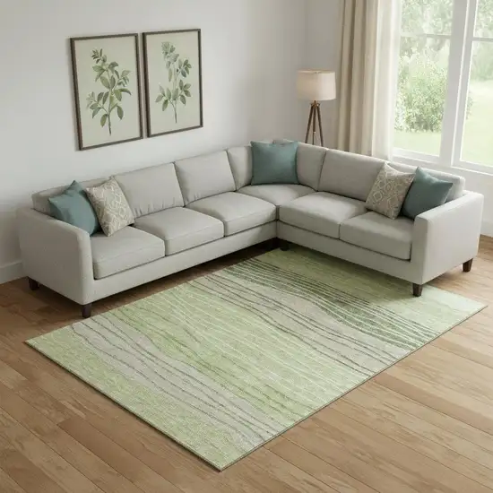 Artichoke Green And Taupe Striped Washable Area Rug With UV Protection Photo 1