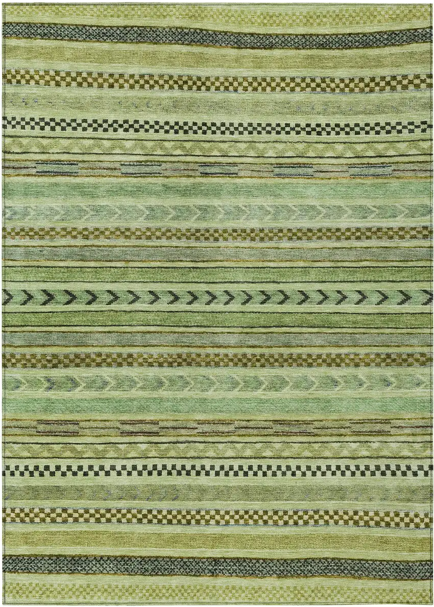 Artichoke Green And Taupe Striped Washable Indoor Outdoor Area Rug Photo 1