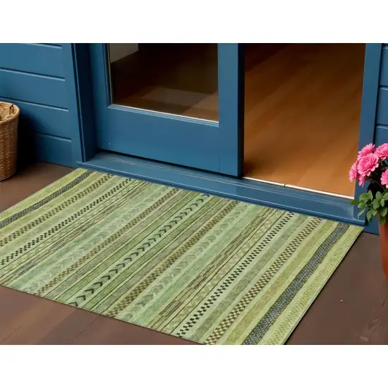 Artichoke Green And Taupe Striped Washable Indoor Outdoor Area Rug Photo 2