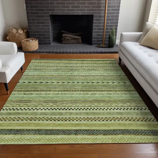 Artichoke Green And Taupe Striped Washable Indoor Outdoor Area Rug Photo 9