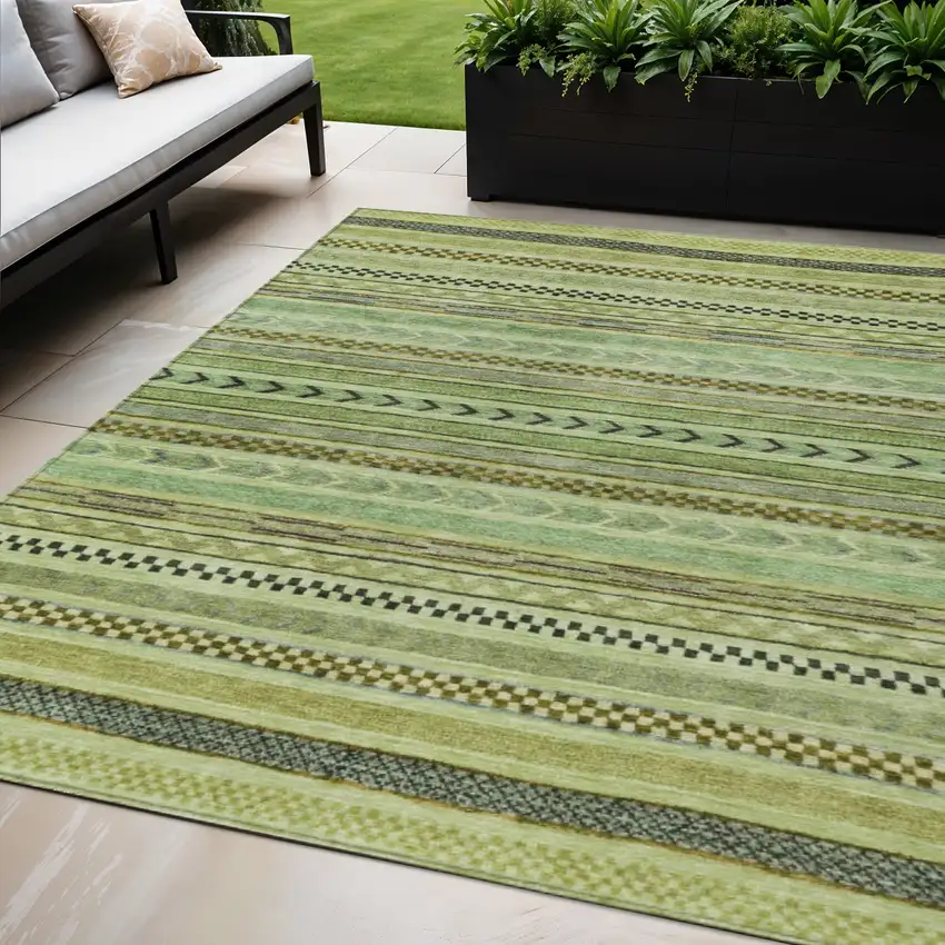 Artichoke Green And Taupe Striped Washable Indoor Outdoor Area Rug Photo 2