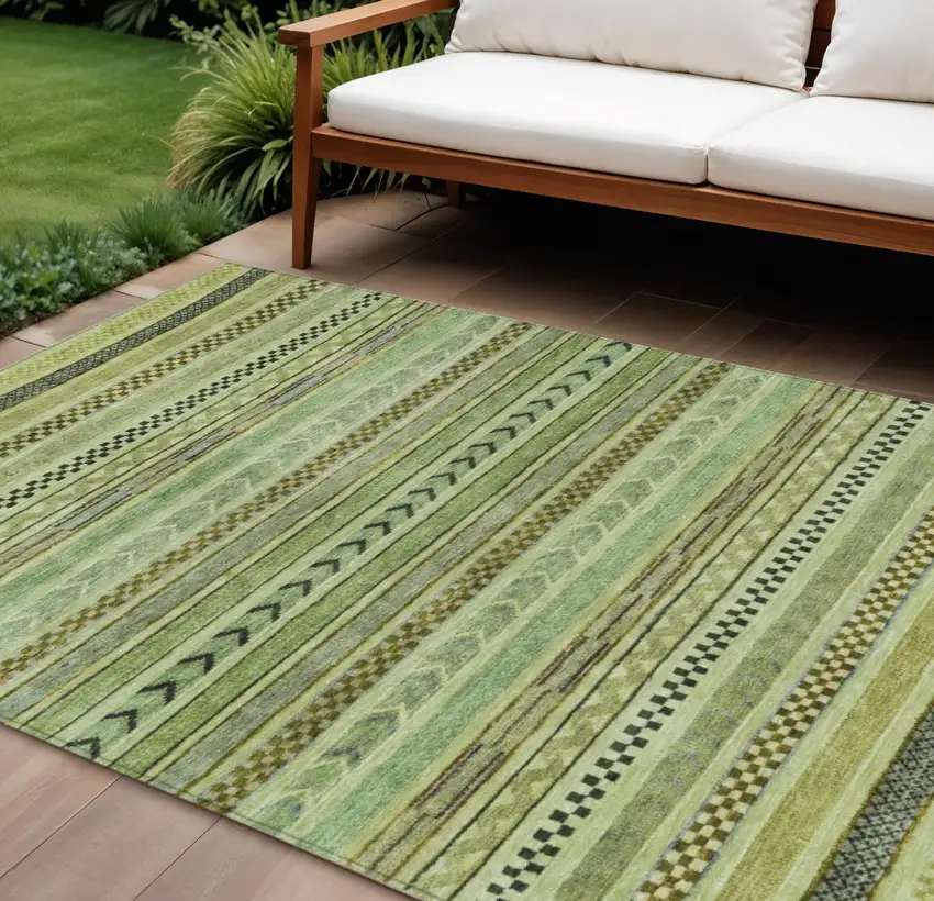 Artichoke Green And Taupe Striped Washable Indoor Outdoor Area Rug Photo 2